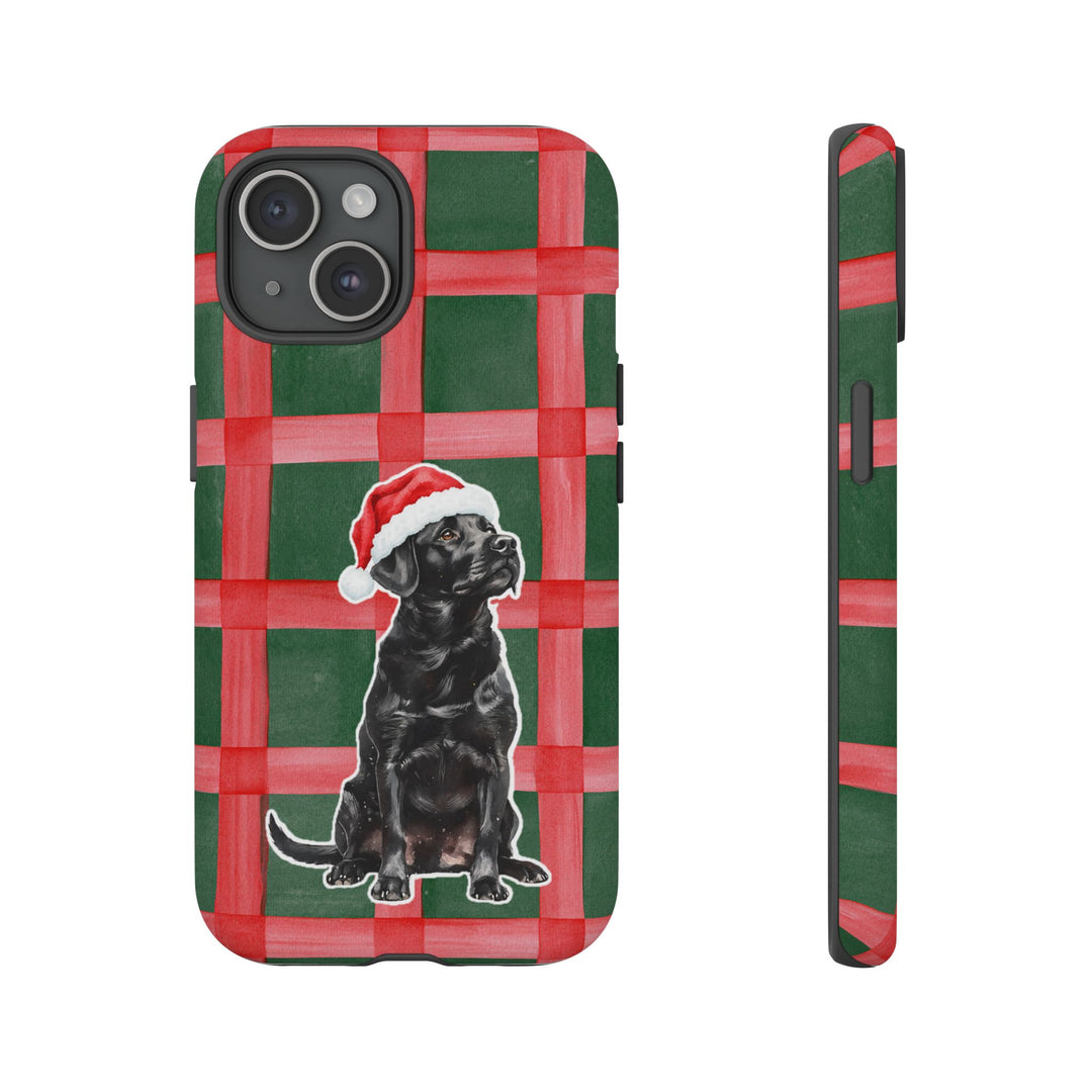 Black Labrador Christmas Tough iPhone Case, Red Green Plaid, Santa Dog Phone Cover