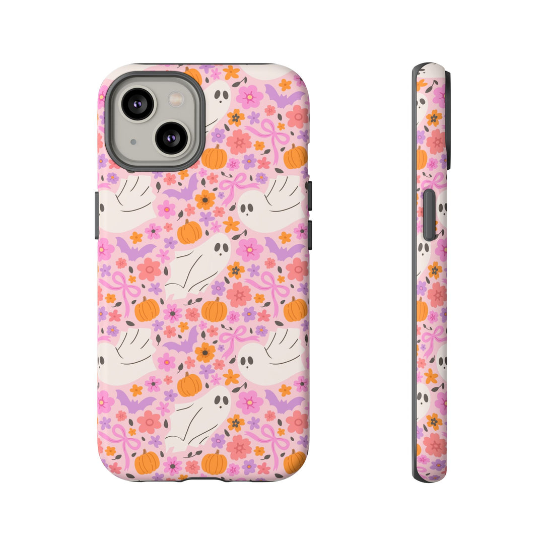 Pink Floral Ghost Tough iPhone Case, Cute Halloween Pumpkin Bat Phone Cover, Matte or Glossy
