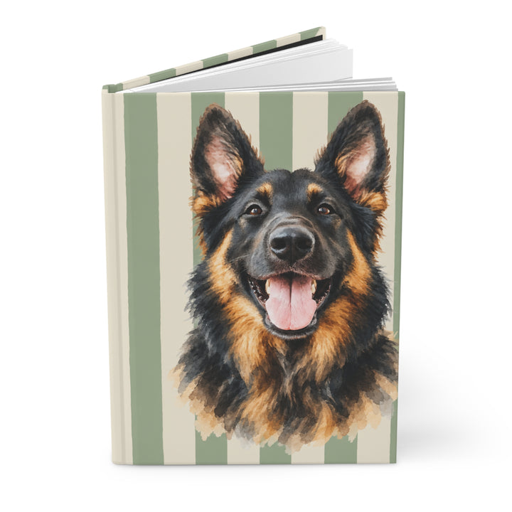 Custom Watercolor Dog Hardcover Notebook, Green and Cream Striped Pet Photo Journal