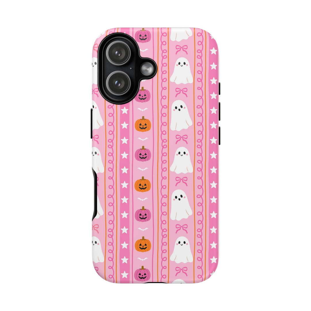 Pink Ghost Stripe Tough iPhone Case, Cute Halloween Pumpkin Bow Phone Cover, Matte or Glossy