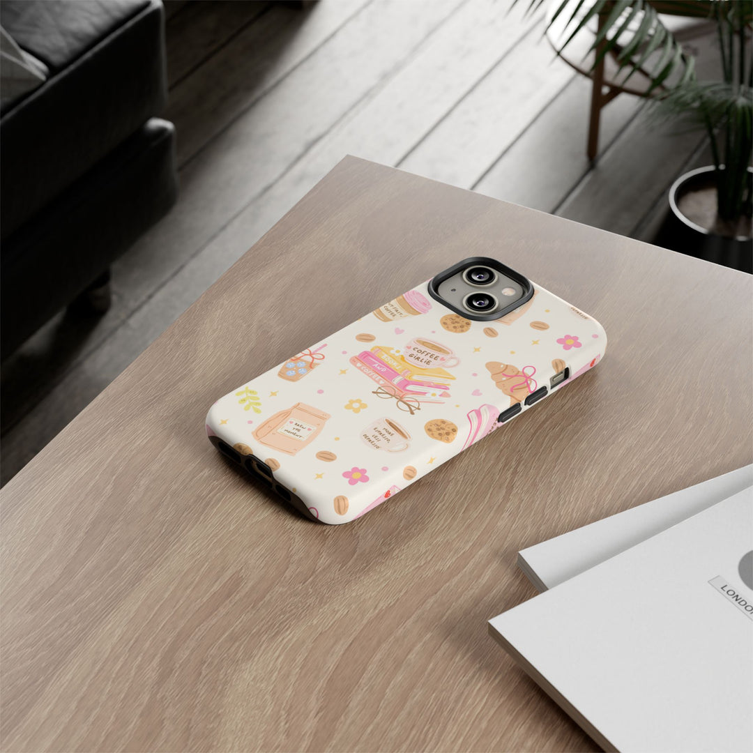 Coffee and Books Tough iPhone Case, Pastel Pink Bookish Phone Cover, Matte or Glossy