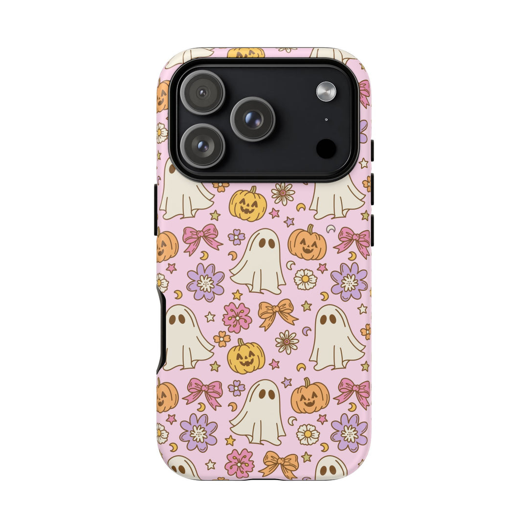 Vintage Ghost Floral Tough iPhone Case, Pink Halloween Pumpkin Bow Phone Cover, Matte or Glossy