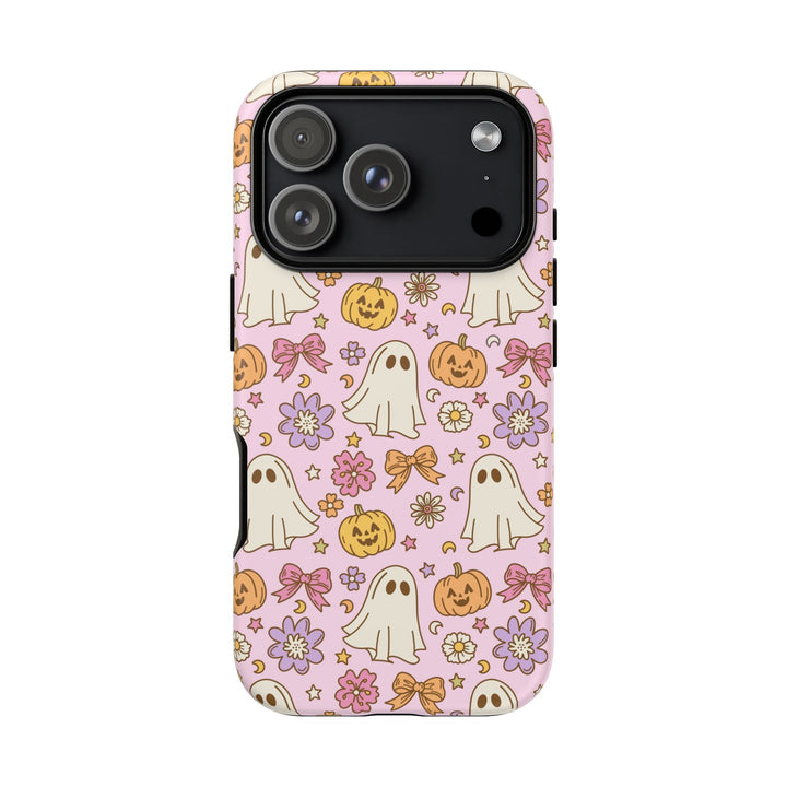 Vintage Ghost Floral Tough iPhone Case, Pink Halloween Pumpkin Bow Phone Cover, Matte or Glossy