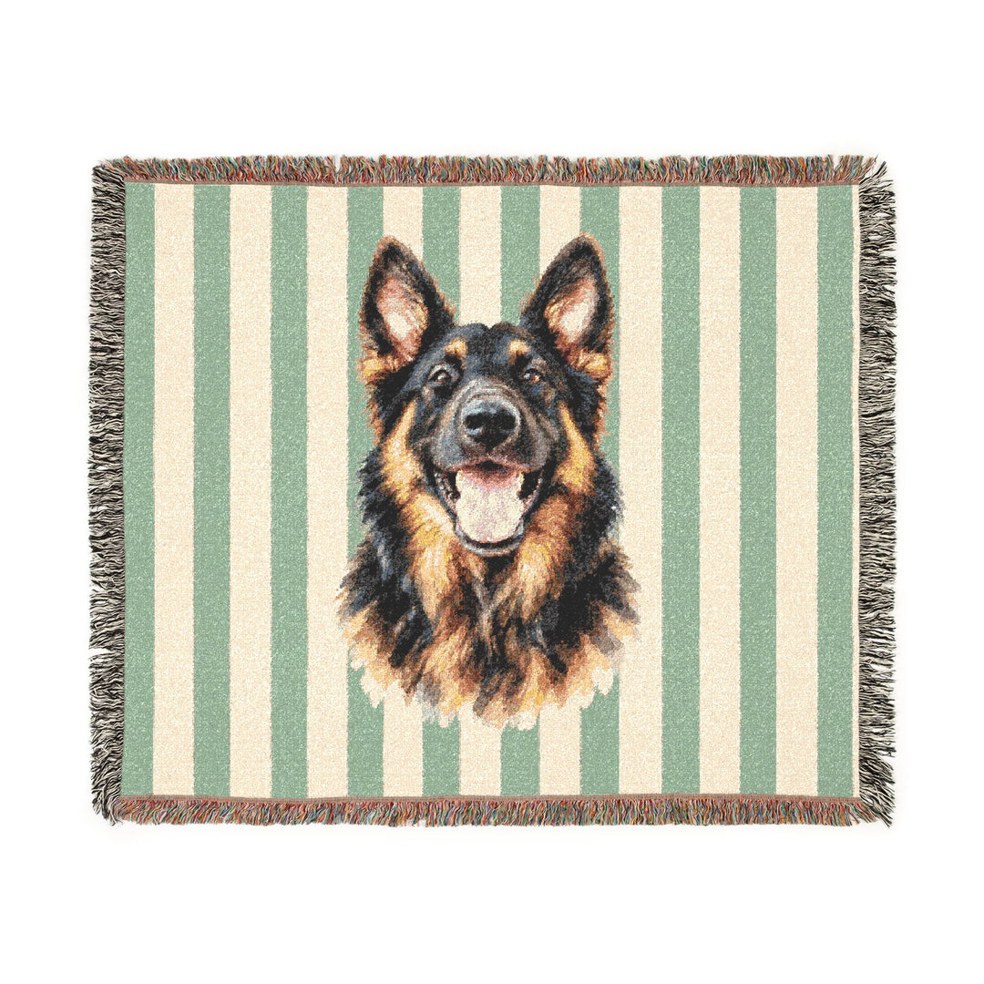 Custom Watercolor Dog Woven Blanket, Sage Green Cream Stripes, Personalized Pet Photo Cotton Throw, 60 x 50