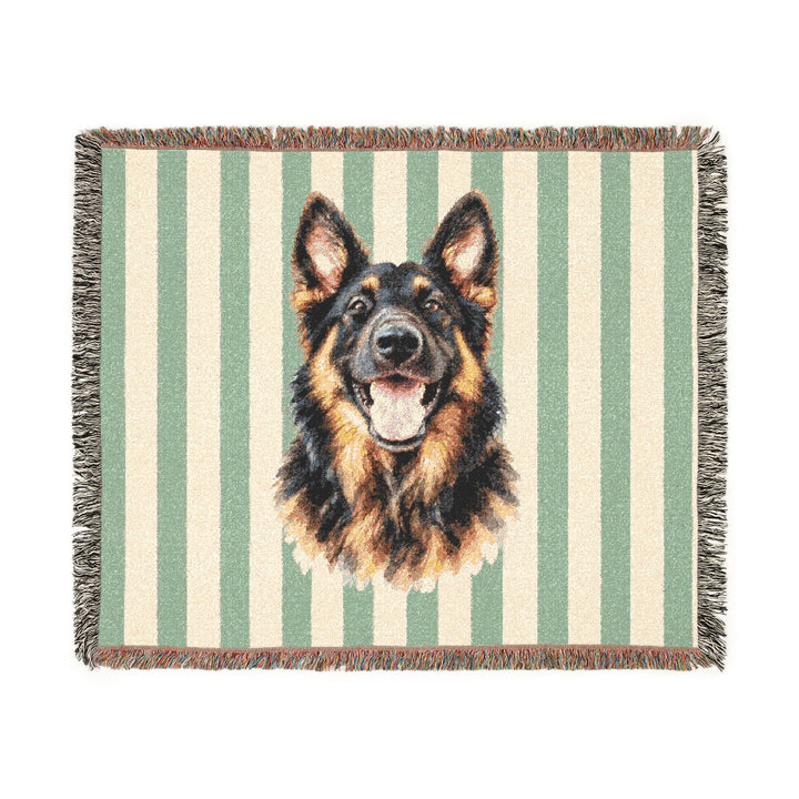 Custom Watercolor Dog Woven Blanket, Sage Green Cream Stripes, Personalized Pet Photo Cotton Throw, 60 x 50