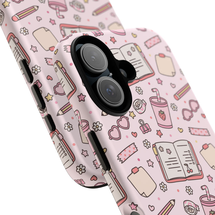 Pink Stationery Tough iPhone Case, Back to School Notebook and Pencil Phone Cover, Matte or Glossy