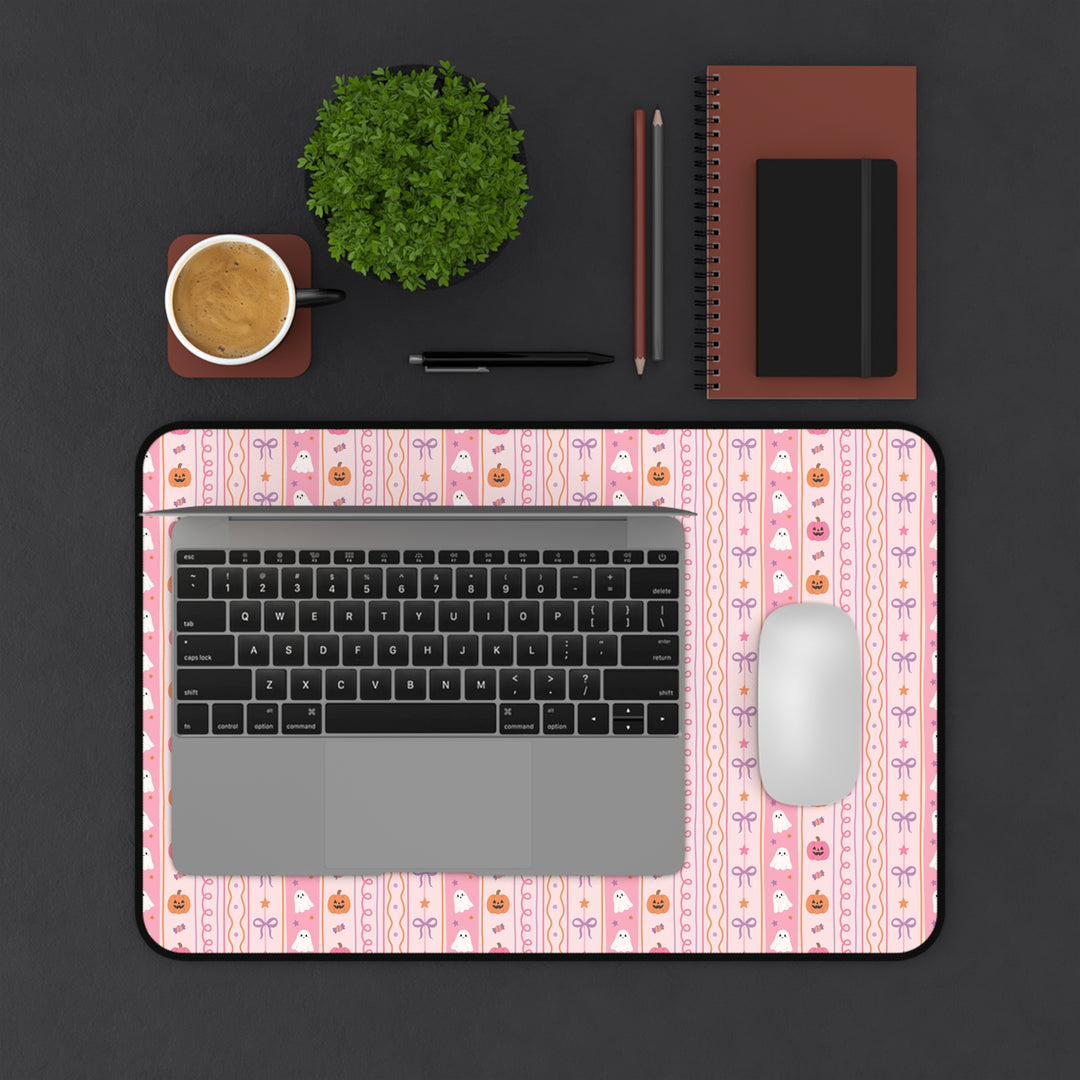Pastel Halloween Stripe Desk Mat, Pink Ghost Pumpkin Candy and Bow Desk Pad, Cute Spooky Large Mouse Pad