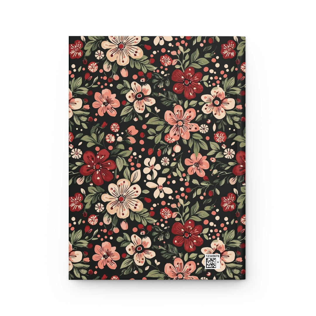 Retro Christmas Floral Hardcover Notebook, Dark Botanical Lined Journal, Pink Red Flower Stationery Gift