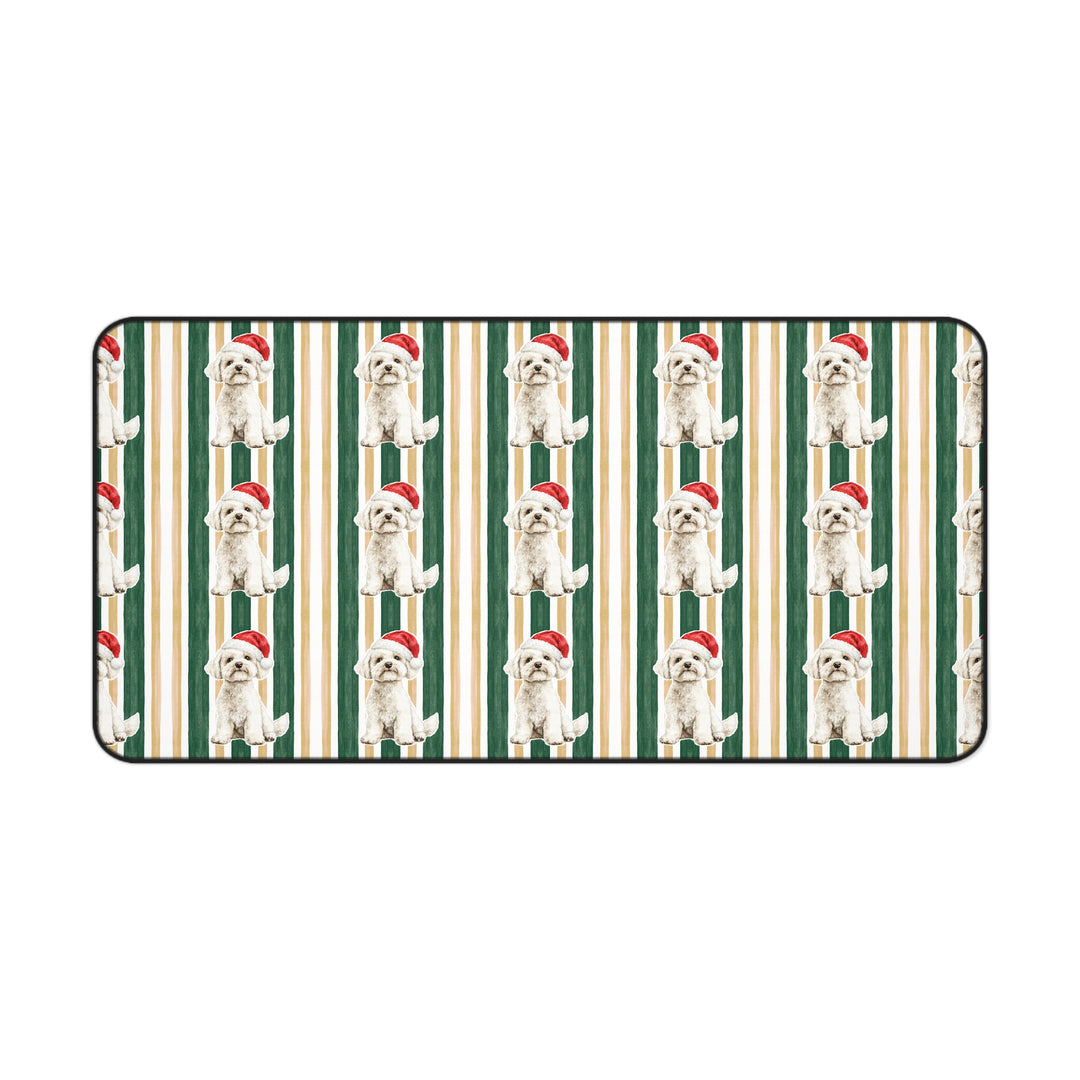 Maltese Christmas Desk Mat, Green Gold Stripes, Santa Dog Desk Pad