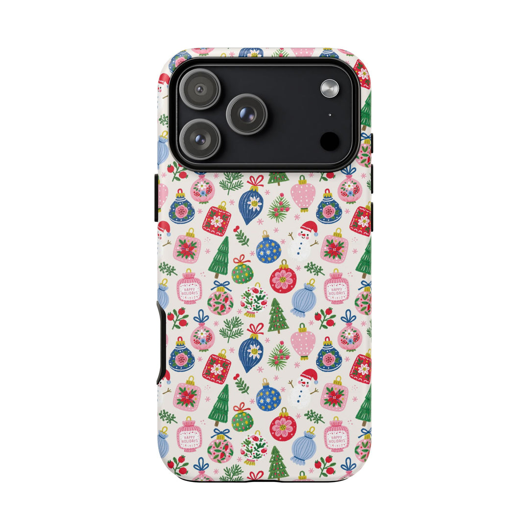 Colorful Christmas Ornament Tough iPhone Case, Pink Blue Holiday Bauble Phone Cover, Matte or Glossy