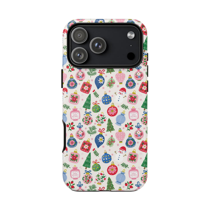 Colorful Christmas Ornament Tough iPhone Case, Pink Blue Holiday Bauble Phone Cover, Matte or Glossy