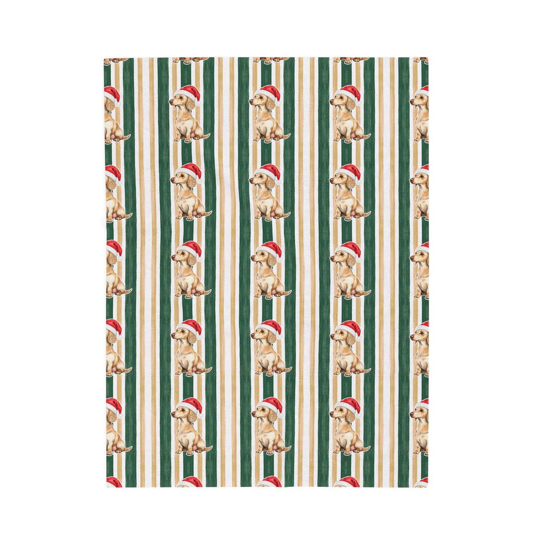 Dachshund Christmas Velveteen Plush Blanket, Green Gold Stripes, Santa Dog Throw