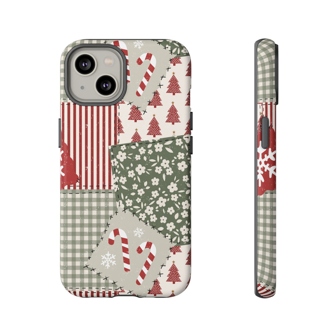Christmas Patchwork Tough iPhone Case, Red Sage Floral Gingham Holiday Phone Cover, Matte or Glossy