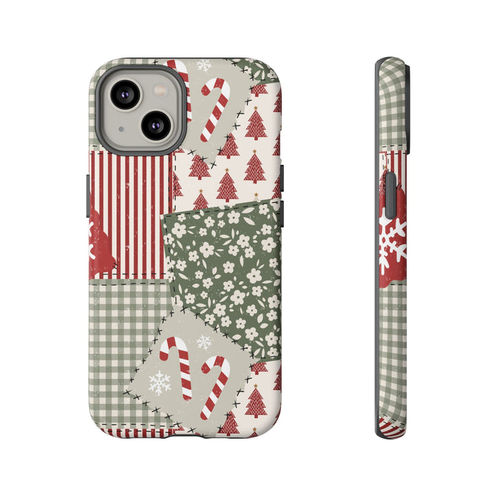 Christmas Patchwork Tough iPhone Case, Red Sage Floral Gingham Holiday Phone Cover, Matte or Glossy