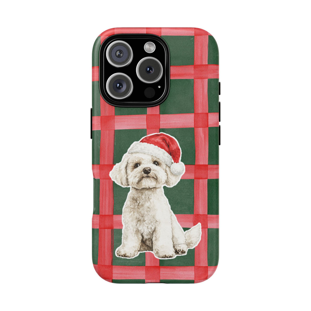 Maltese Christmas Tough iPhone Case, Red Green Plaid, Santa Dog Phone Cover