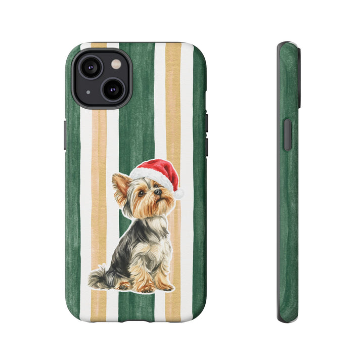 Yorkshire Terrier Christmas Tough iPhone Case, Green Gold Stripes, Santa Dog Phone Cover