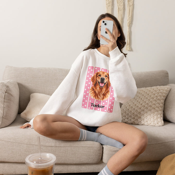 Custom Watercolor Dog Sweatshirt with Name, Pink Polka Dot Stripes