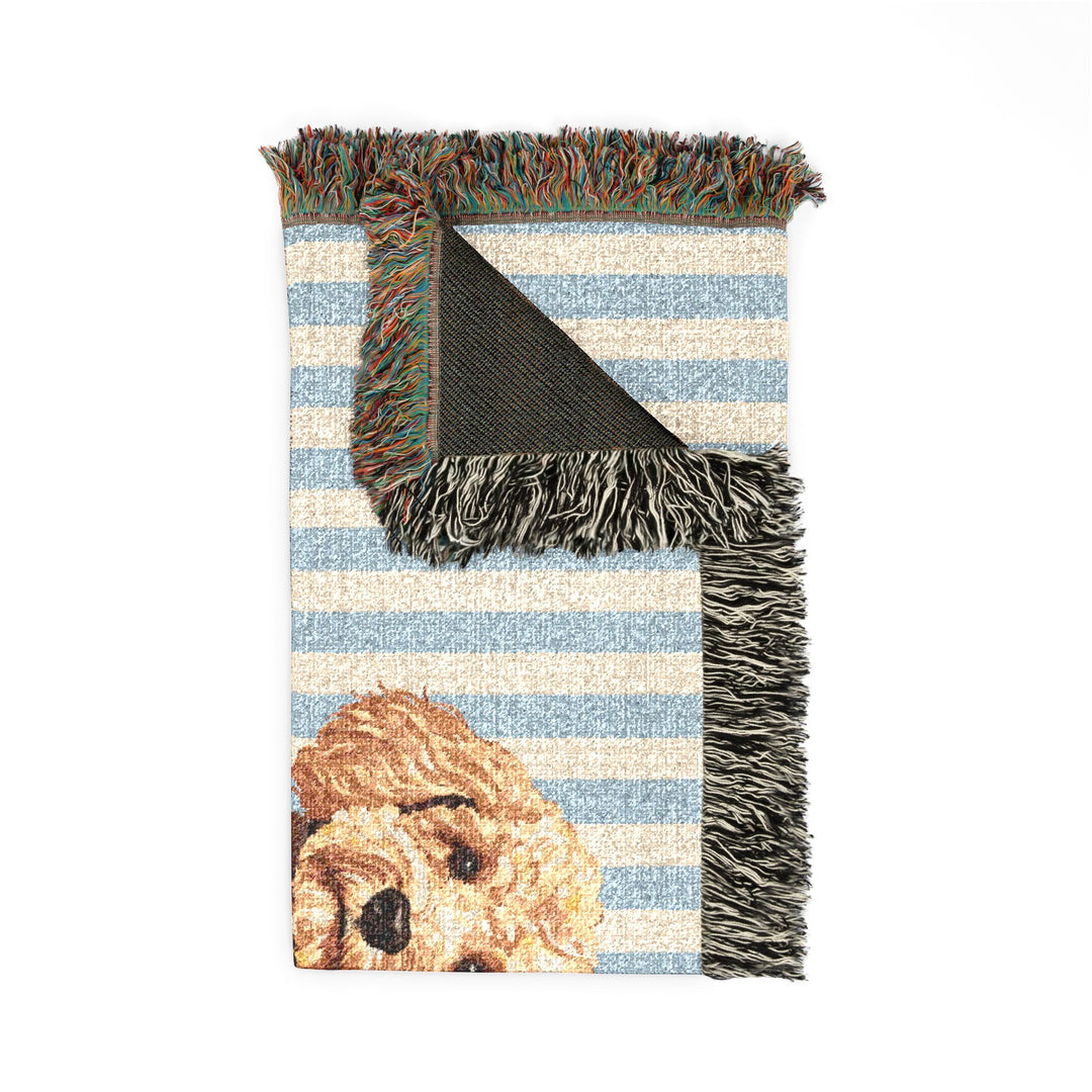 Goldendoodle Woven Blanket, Blue Stripe Cotton Throw, Doodle Mom Gift, 60 x 50