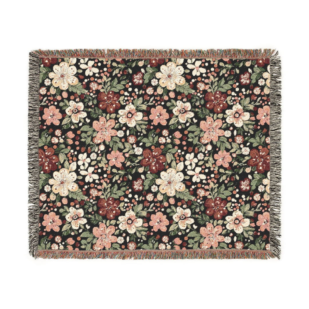 Retro Floral Woven Blanket, Dark Botanical Cotton Throw, Red Pink Flower Sofa Blanket, Christmas Gift