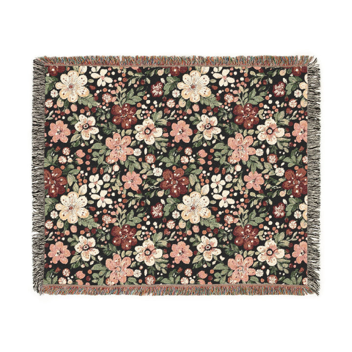 Retro Floral Woven Blanket, Dark Botanical Cotton Throw, Red Pink Flower Sofa Blanket, Christmas Gift
