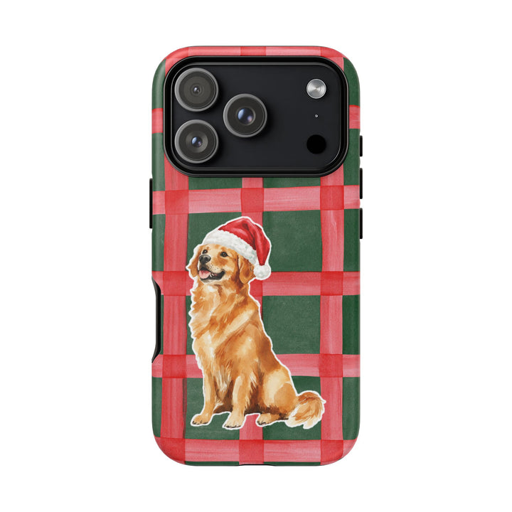 Golden Retriever Christmas Tough iPhone Case, Red Green Plaid, Santa Dog Phone Cover