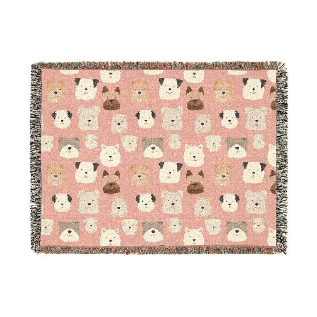 Cute Dog Woven Blanket, Pink Puppy Pattern Cotton Throw, Dog Lover Gift, Fringed Sofa Blanket