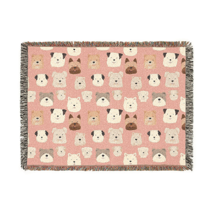 Cute Dog Woven Blanket, Pink Puppy Pattern Cotton Throw, Dog Lover Gift, Fringed Sofa Blanket