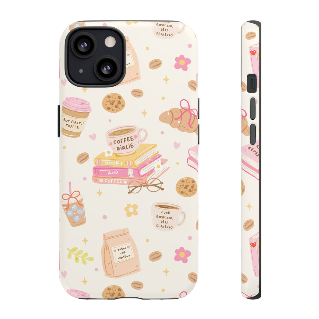 Coffee and Books Tough iPhone Case, Pastel Pink Bookish Phone Cover, Matte or Glossy