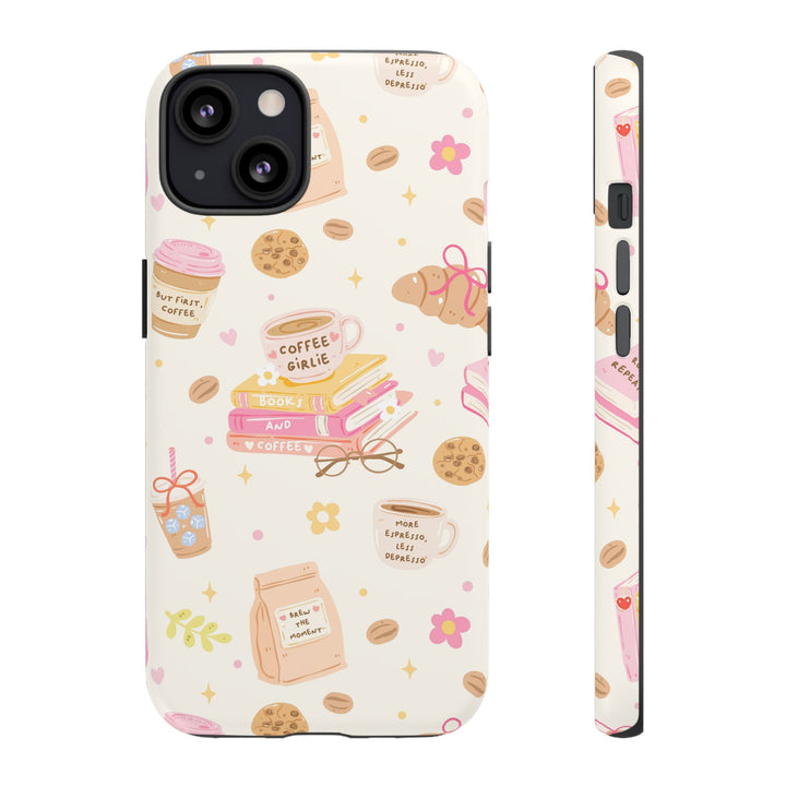 Coffee and Books Tough iPhone Case, Pastel Pink Bookish Phone Cover, Matte or Glossy