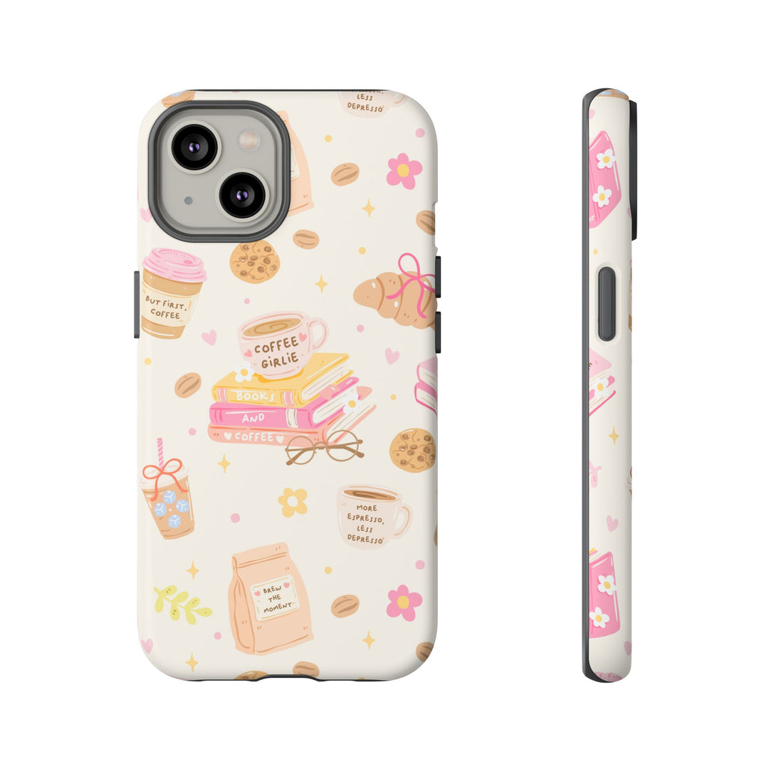 Coffee and Books Tough iPhone Case, Pastel Pink Bookish Phone Cover, Matte or Glossy