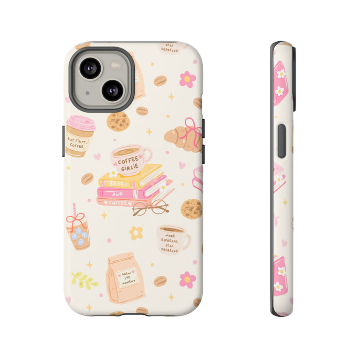 Coffee and Books Tough iPhone Case, Pastel Pink Bookish Phone Cover, Matte or Glossy