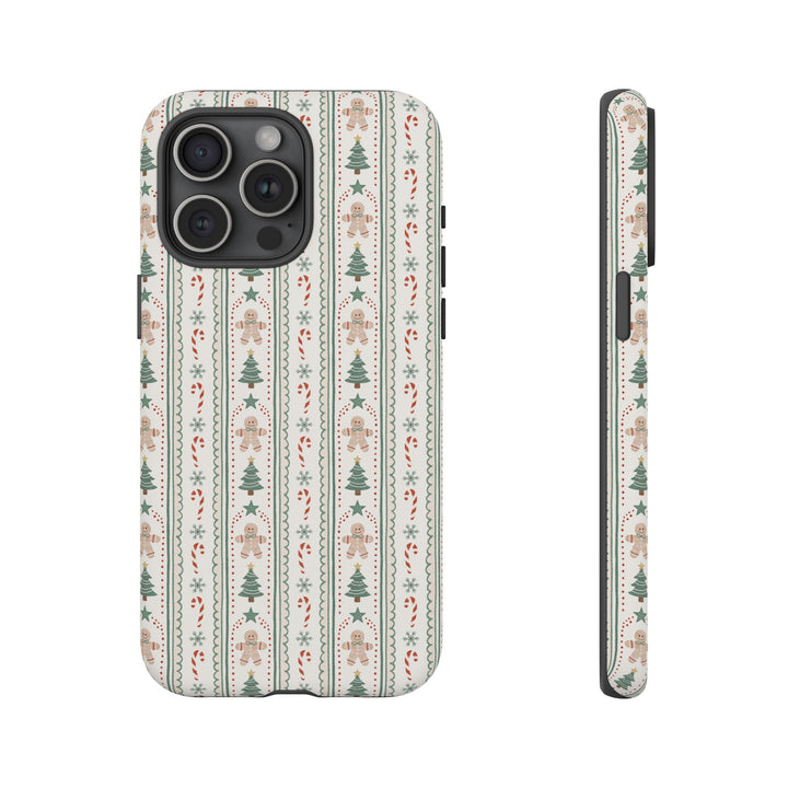 Gingerbread Stripe Tough iPhone Case, Sage Green Christmas Tree Holiday Phone Cover, Matte or Glossy