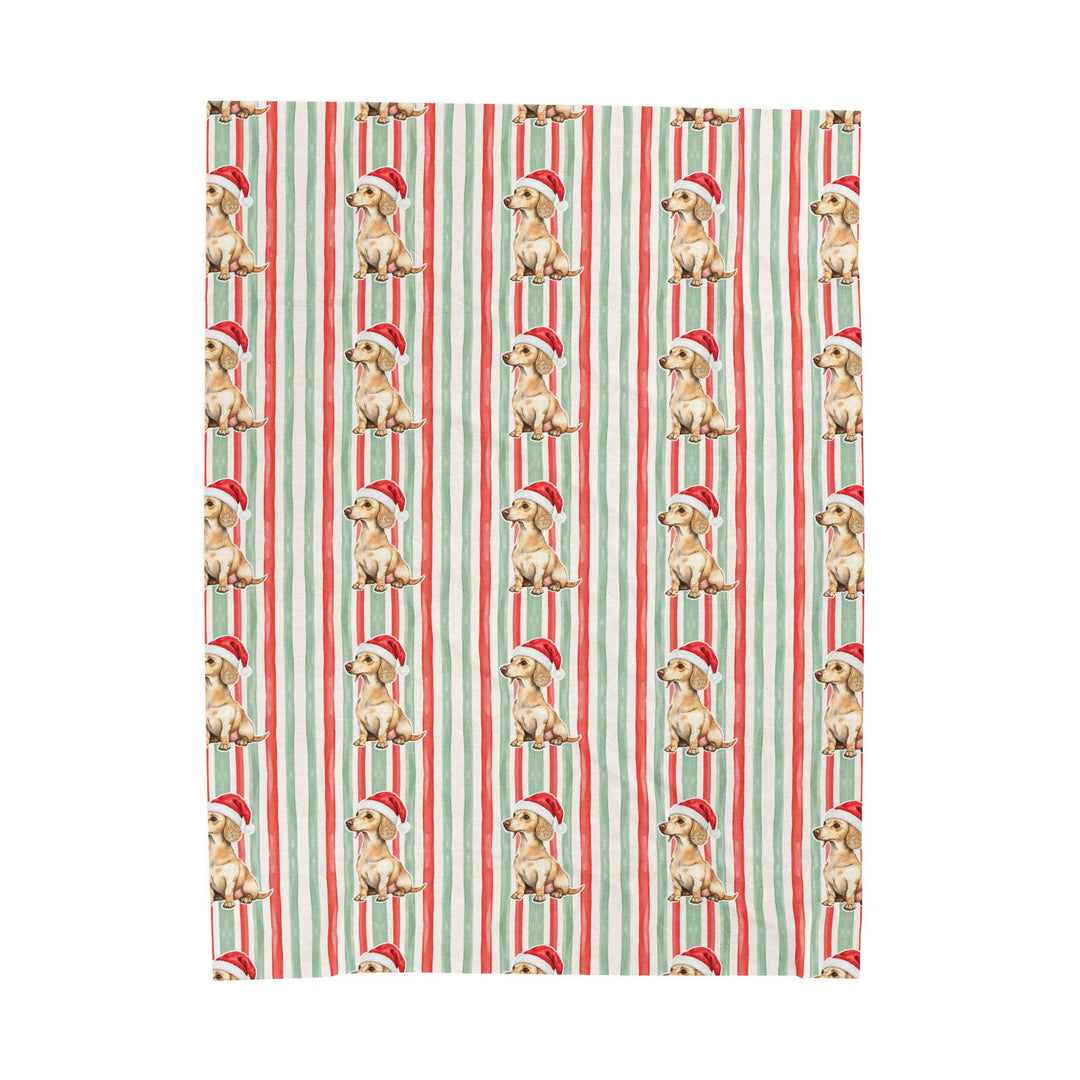 Dachshund Christmas Velveteen Plush Blanket, Red Sage Stripes, Santa Dog Throw