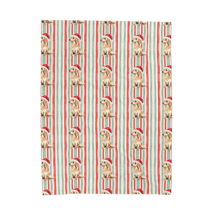 Dachshund Christmas Velveteen Plush Blanket, Red Sage Stripes, Santa Dog Throw