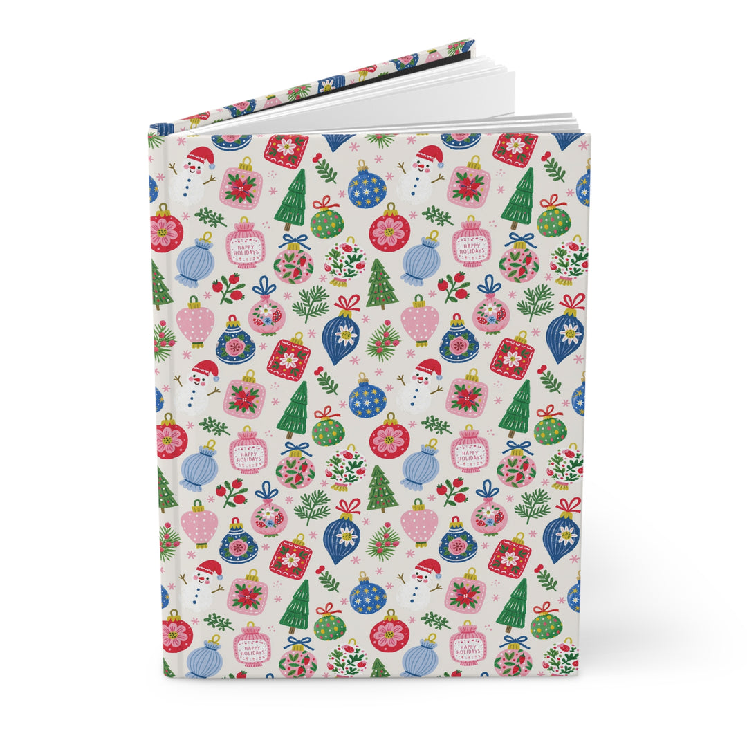 Colorful Christmas Ornament Hardcover Notebook, Pink Blue Holiday Lined Journal, Festive Bauble Stationery Gift