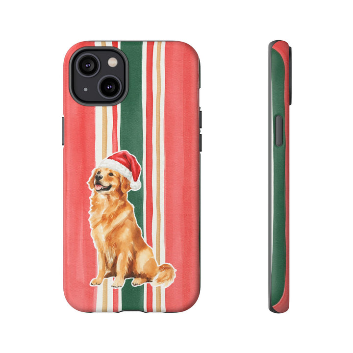Golden Retriever Christmas Tough iPhone Case, Classic Red Green Stripes, Santa Dog Phone Cover