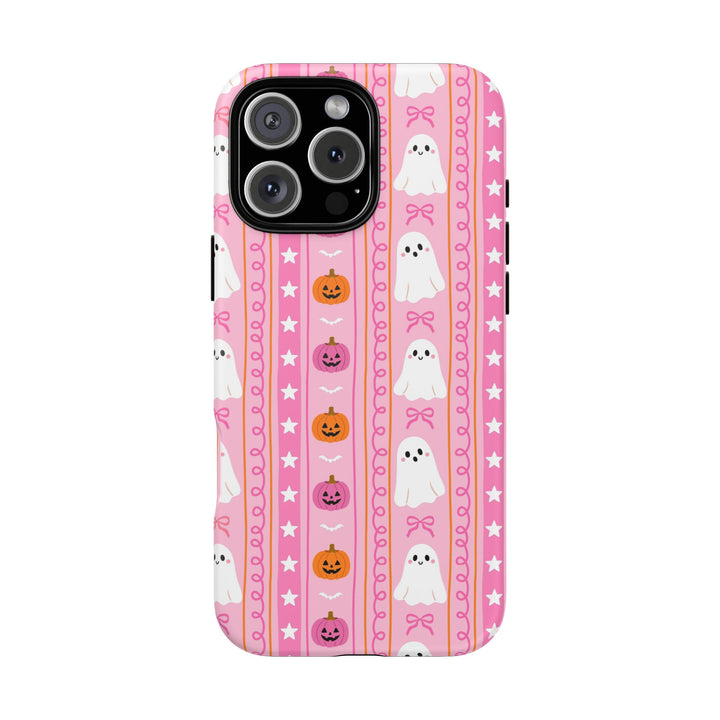 Pink Ghost Stripe Tough iPhone Case, Cute Halloween Pumpkin Bow Phone Cover, Matte or Glossy