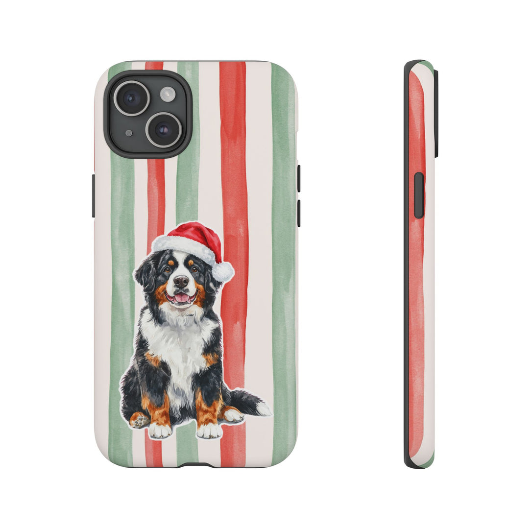 Bernese Mountain Dog Christmas Tough iPhone Case, Red Sage Stripes, Santa Dog Phone Cover