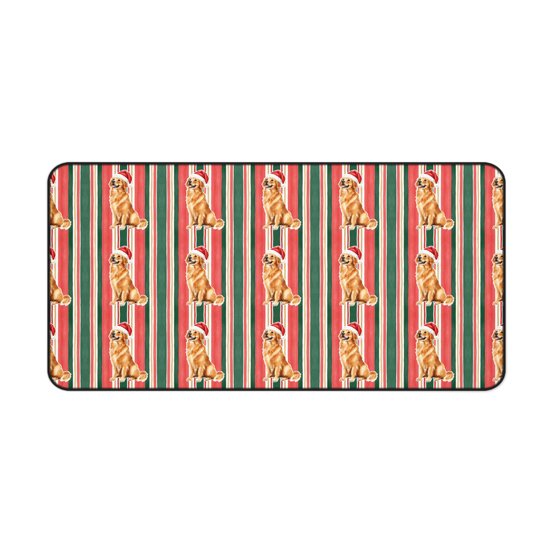 Golden Retriever Christmas Desk Mat, Classic Red Green Stripes, Santa Dog Desk Pad