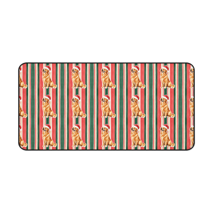 Golden Retriever Christmas Desk Mat, Classic Red Green Stripes, Santa Dog Desk Pad