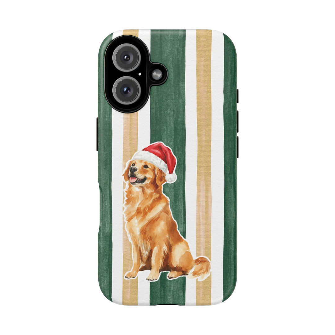Golden Retriever Christmas Tough iPhone Case, Green Gold Stripes, Santa Dog Phone Cover