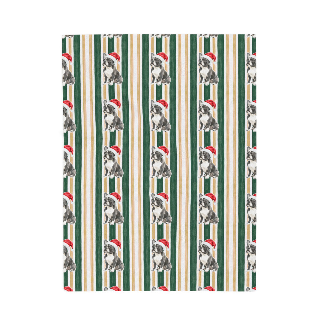 French Bulldog Christmas Velveteen Plush Blanket, Green Gold Stripes, Santa Dog Throw