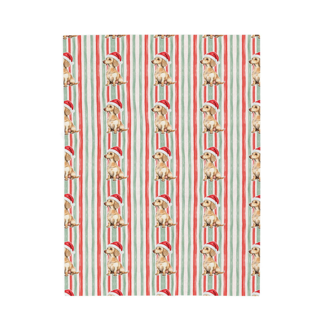 Dachshund Christmas Velveteen Plush Blanket, Red Sage Stripes, Santa Dog Throw