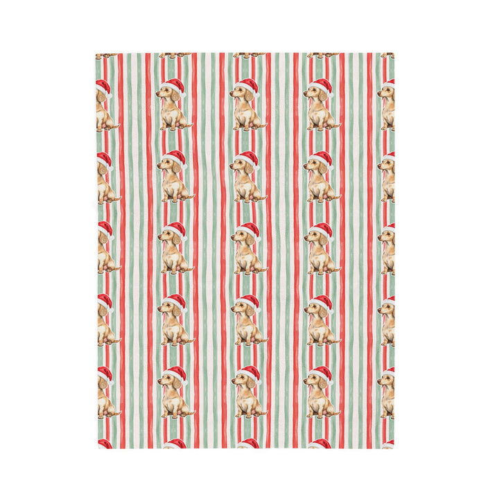 Dachshund Christmas Velveteen Plush Blanket, Red Sage Stripes, Santa Dog Throw