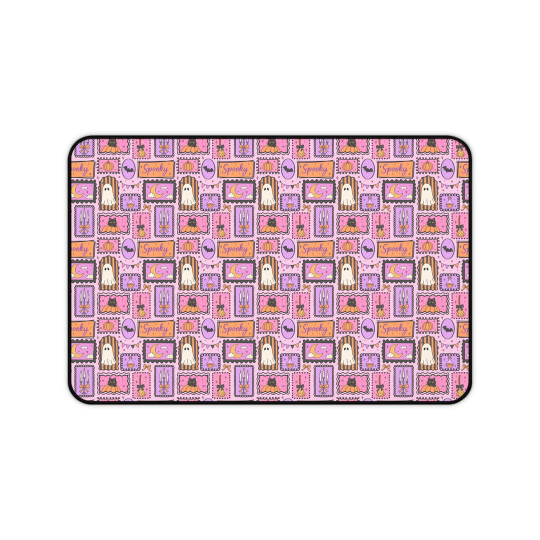 Pink Halloween Frames Desk Mat, Spooky Ghost Black Cat and Pumpkin Desk Pad, Pastel Witchy Large Mouse Pad