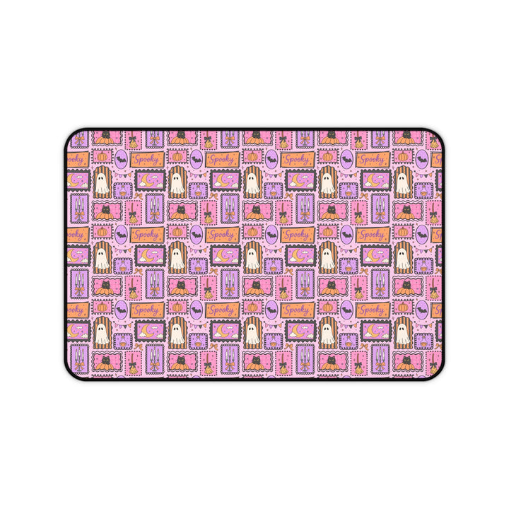 Pink Halloween Frames Desk Mat, Spooky Ghost Black Cat and Pumpkin Desk Pad, Pastel Witchy Large Mouse Pad