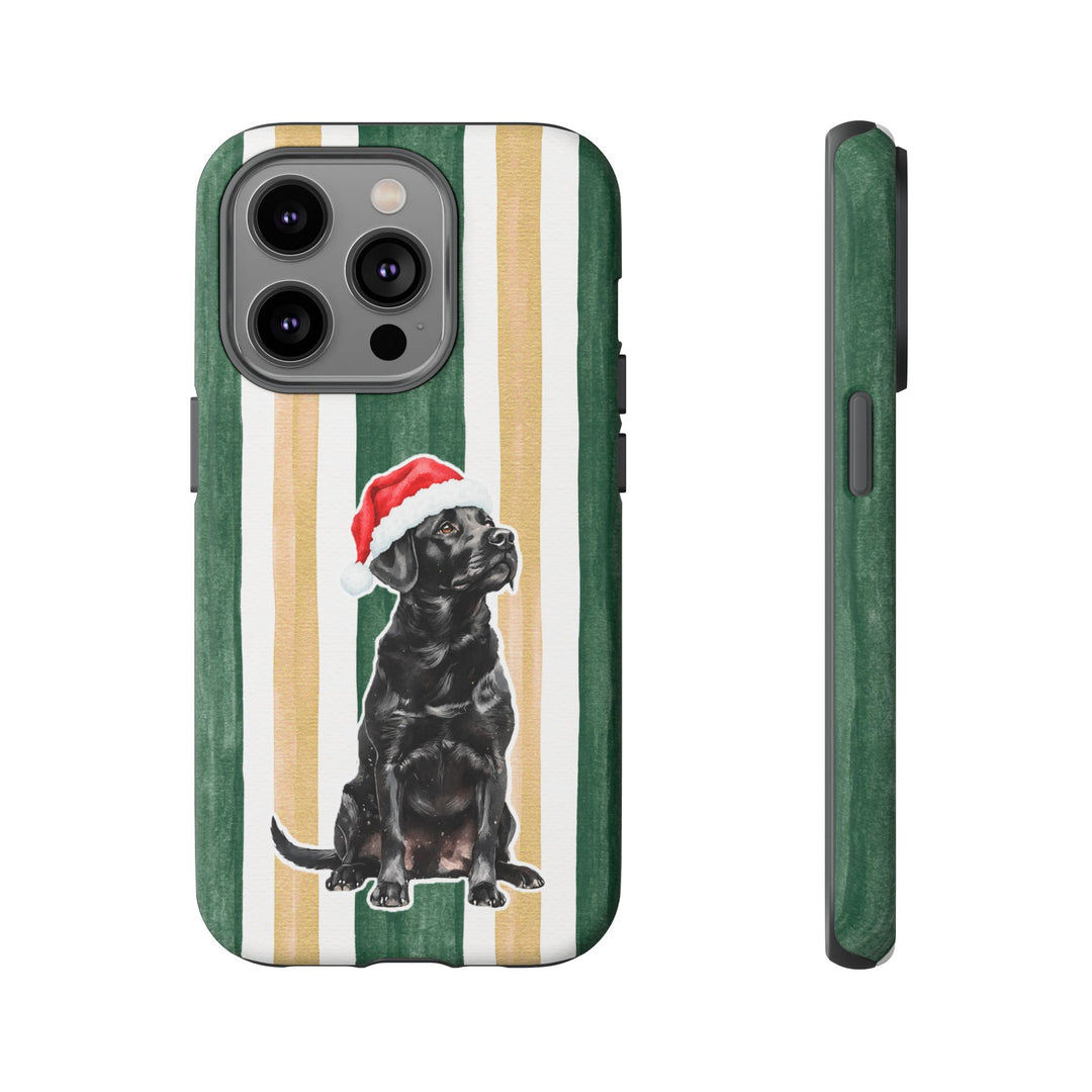 Black Labrador Christmas Tough iPhone Case, Green Gold Stripes, Santa Dog Phone Cover