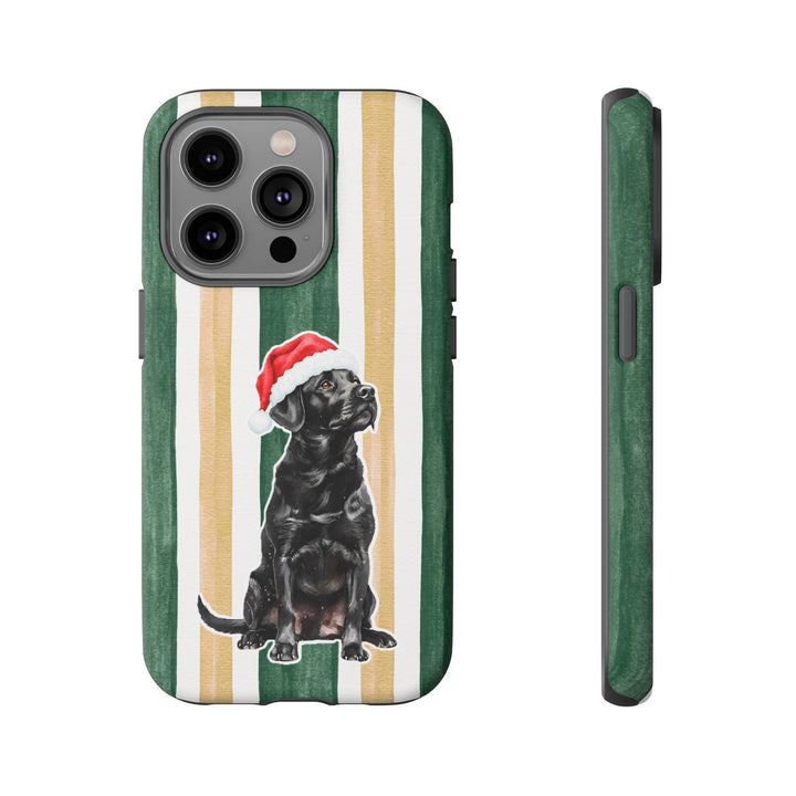 Black Labrador Christmas Tough iPhone Case, Green Gold Stripes, Santa Dog Phone Cover