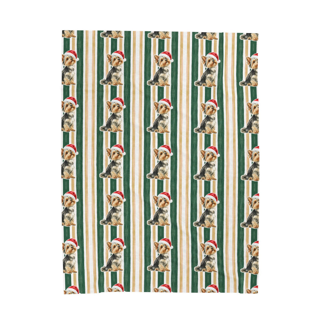Yorkshire Terrier Christmas Velveteen Plush Blanket, Green Gold Stripes, Santa Dog Throw