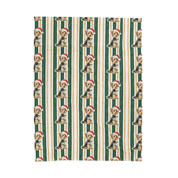 Yorkshire Terrier Christmas Velveteen Plush Blanket, Green Gold Stripes, Santa Dog Throw